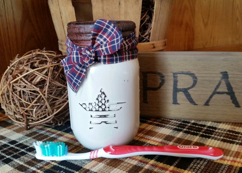 Mason Jar Americana Toothbrush Holder Country Urban Farmhouse Rustic Decor Bathroom Decor Pencil Holder Makeup Brush Holder Flower Frog