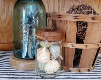 Mason Jar Filled Vintage Faux Egg Decor~Pint Size Jar~Shelf Sitter~3 Tiered Shelf Decor~Farmhouse, Recycled Glass~Vintage Urban Country