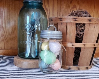 Mason Jar Filled Vintage Egg Decor~Pint Size Jar~Shelf Sitter~3 Tiered Shelf Decor~Farmhouse Decor, Recycled Glass~Vintage Urban Country