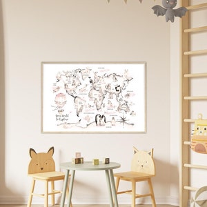 Weltkarte der Tiere, Name Baby Geschenk, Entdecker Kinderzimmer Druck, Reisender Kunstdruck, Baby Mädchen Kinderzimmer Druck, Blush rosa Weltkarte Poster