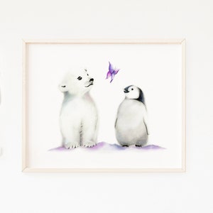 Polar Bear Penguin Butterfly Nursery Print, Arctic Girl Nursery, Cute Baby Animals Picture, Scandi Nursery Art, Polar Bear Gift for Kids