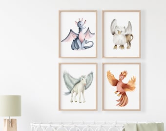 Mythologische Baby Animal Prints, Fantasy Animal Art, Monster Prints voor kinderen, Griffin Print, Dragon Picture, Phoenix, mythische wanddecoratie,