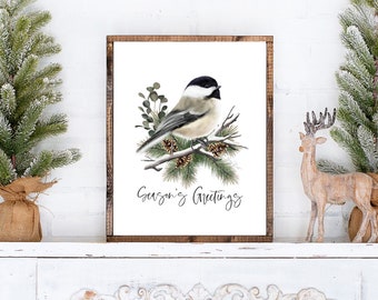 Bird Christmas Print, Chickadee Holiday Art, Winter Bird on Branch, Seasonal Bird Artwork, Gift for Bird Lover, Chickadee Gift