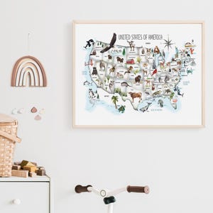 Illustrierte USA-Karte für Kinder, USA-Karte für Kinder, Karte von Amerika, Kinderlernkarte, Geschenk für Kinderzimmer, Kinderzimmer-Karte Baby