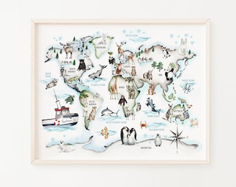 Mapa del mundo infantil personalizado: Decoración infantil con animales en acuarela