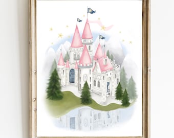Kinderzimmer Fee Prinzessin Schloss Wall Art Print in Pink, Lila oder Blau