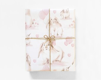 Baby Bunny Wrapping Paper, 5 Sheets, Blush Pink Bunny Wrapping Paper Sheets, Rabbit, Baby Girl Shower Gift Wrap, Girl Birthday Party,