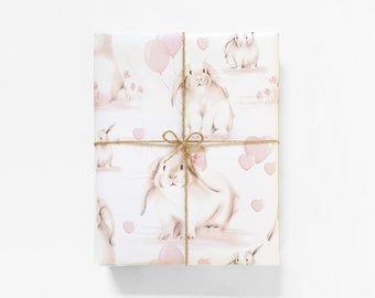 Blush Pink Bunny Wrapping Paper, Baby Shower Gift Wrap (5 Sheets)