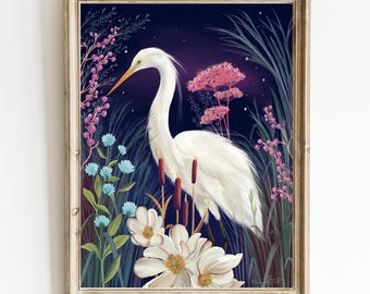 Egret Flowers Art Print: Colourful Bird Illustration