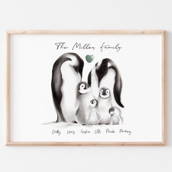 Personalized Penguin Family Art Print, Custom Penguin Family Name Sketch, New Family Gift, New Baby Gift, Mother's Day Gift,