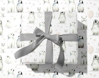 Arctic Animals Wrapping Paper Set, Greige Nursery Gift Wrap