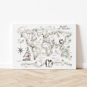 Carte du monde animal TOILE, art de la pépinière, éducation des bébés animaux, bébé neutre entre les sexes, carte du monde des merveilles pour enfants, cadeau d'art mural géographie pour les enfants