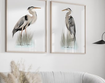 Heron Bird Art Prints, Set of 2 Great Blue Herons, Coastal Bird Art, Tall Wading Bird Prints, Lake Bird Art, Nautical Bird Watercolours