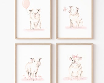 Pig Nursery Art Prints, Set of 4 Baby Piglets, Farmhouse Animal Sketches, Sweet Blush Pig Art, Baby Girl Farm Wall Decor, Pig Art Gift