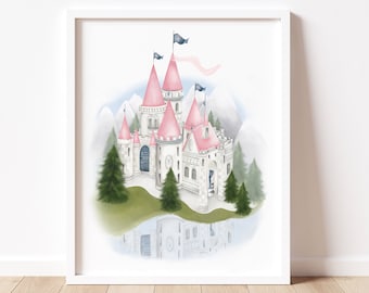 Princess Castle Art Print, Pink Fairy Princess Nursery, Fairytale Nursery Decor, Enchanted Castle Art, Baby Girl Wall Art, Once Upon a Time