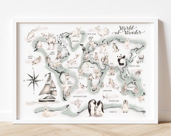 World Map Kids Room, Animal Map Print, Baby Gift Art, Baby Map for Nursery, Explorer Nursery Decor, Baby Wall Art, Green Animal Nursery Art