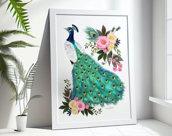 Peacock and Peonies Wall Art Print, Floral Bird Illustration, Botanical Illustration, Peacock with Flowers Mother's Day Gift,