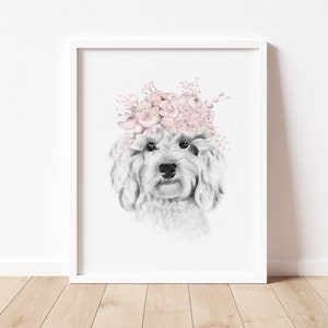 Cavapoo Puppy Print, Puppy Nursery Art, Dog Floral Crown Print, Puppy Flower Sketch, Baby Girl Nursery, Dog Face Drawing, Baby Puppy Artwork