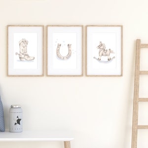 Set of 3 cowboy sketch art prints with blue accents. Shown in frames (not included). Art by Studio Q - Nicky Quartermaine Scott