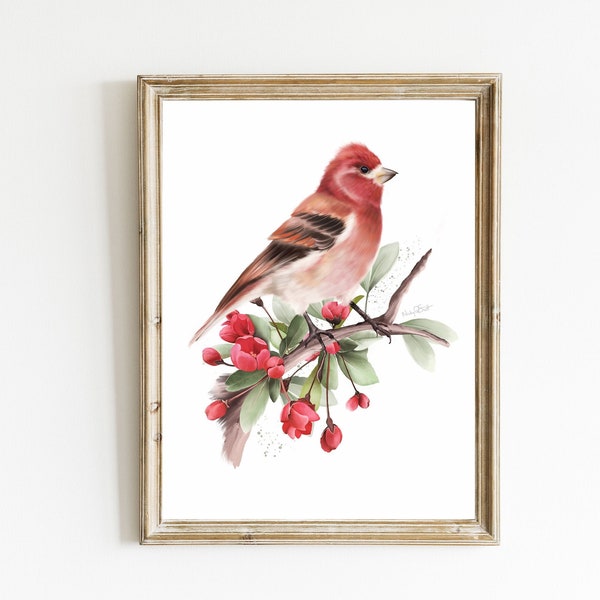 Purple Finch with Flowers Art Print, State Bird Art, Backyard Bird Picture, Garden Bird Illustration, Bird Gift for Mom,