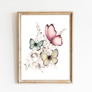 Butterfly Art Print, Vintage Style Butterflies, Nature Art, Butterfly Wall Decor, Farmhouse Wall Decor, Butterfly Drawing, Floral Art Print