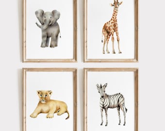 Safari Animal Prints: Elephant, Lion Giraffe Nursery Decor, Set of 4