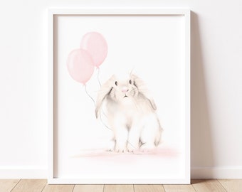 Bunny with Balloons Nursery Art Print, Baby Shower Gift, Baby Girl Wall Decor, Sepia Bunny Art, Farmhouse Baby Picture, Baby Rabbit Art