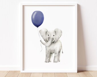 Baby Elephant with Balloon Nursery Print, Baby Elephant Room Decor, Baby Animal Art, Safari Nursery Picture, Elephant Sketch Kids Art Print