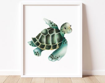 Sea Turtle Nursery Print, Baby Turtle Wall Decor, Ocean Baby Art, Gender Neutral Baby, Green Turtle Print, Nautical Baby Animal Artwork