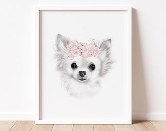 Chihuahua Welpe Blumenkrone Druck, Welpen Kindergarten, Hund Blumenkrone, Mädchenzimmer Welpe Kunst, Hundegesicht Zeichnung, weißer langhaariger Chihauhau