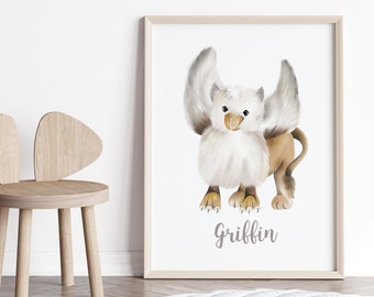 Griffin Art Print, Baby Name Art, New Baby Present, Baby Griffin Illustration, Baby Boy Nursery, Baby Keepsake Art, Griffin Gift for Boy,