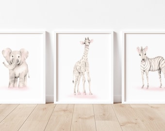 Safari Nursery Prints, Pink Baby Girl Nursery Decor, Set of 3 Safari Prints, Girl Nursery Wall Art Set, Elephant Nursery Art Print