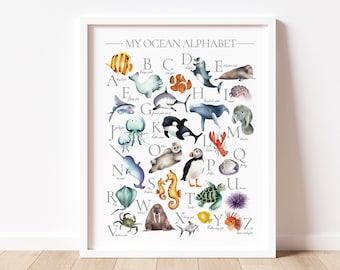 Ocean Alphabet Print, Nautical ABC Poster, Baby Sea Animal Art, Animal A to Z, Kids Educational Wall Art, Kindergarten Preschool Child Gift,