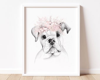 Amerikanische Bulldogge Welpen Druck, Baby Bulldogge Blumenkrone Skizze, Blush Pink Welpen Kunst, Hund Blumenkrone Druck, Welpen Kindergarten Kunst, Baby Mädchen