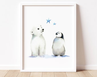 Penguin and Polar Bear Nursery Art Print, Arctic Animals Wall Decor, Baby Nursery Wall Decor, Scandinavian Nursery, Baby Boy Shower Gift,
