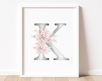 Flower Letter Monogram Art, Baby Girl Wall Decor, Blush Pink Floral Letter Print, Initial Artwork, Baby Nursery Gift, Custom Letter Wall Art