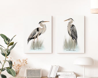 Great Blue Heron Art on Canvas, Tall Bird Lake Prints, Nautical Bird Art, Coastal Bird Home Decor, Bird Wall Decor, Heron Bird Gift for Her,