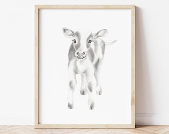 Cow Nursery Art Print, Cow Sketch Art, Baby Calf Drawing, Farmhouse Nursery Decor, Grey Cow Art Print, Neutral Baby Farm Decor, Calf Print