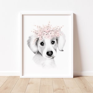 Jack Russell Puppy Flower Crown Print, Dog Face Sketch, Baby Girl Wall Art, Blush Nursery Wall Decor, Puppy Portrait Picture, Pet Art Print