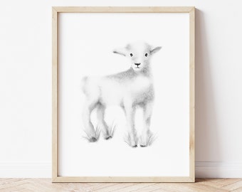 Lamb Nursery Art, Farmhouse Nursery Decor, Baby Lamb Print, Lamb Sketch, Lamb Pencil Drawing, Grey Farm Nursery Art, Neutral Nursery Decor