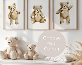 Teddy Bear Nursery Art Prints: Watercolor Teddies with Bows, Set of 3