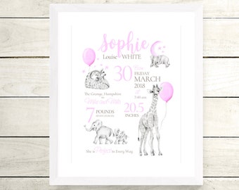 Birth Announcement Print, Personalized Gift for Baby, Elephants and Giraffes,Pink Safari Nursery, Custom Birth Art, Girl Baby Name Print