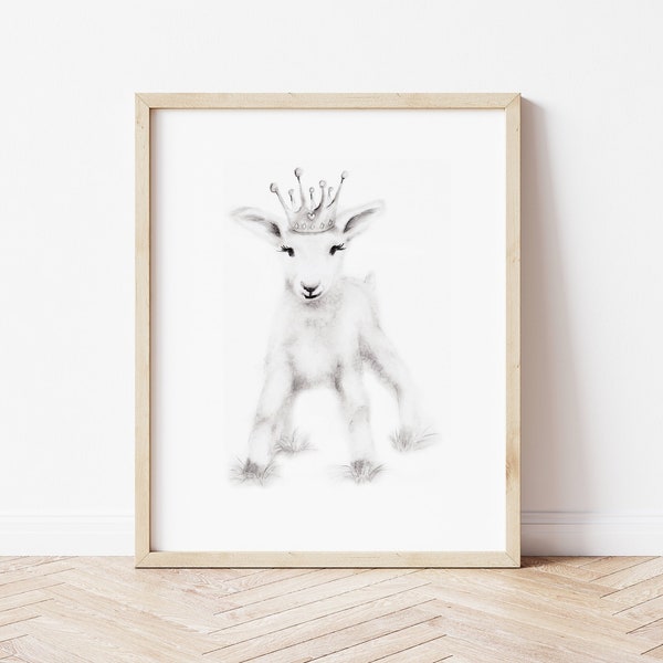 Baby Goat Nursery Art Print, Farmhouse Animal Art, Baby Animal Drawing, Baby Animal Sketch, Goat with Crown Picture, Baby Girl Nursery