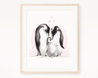 Penguin Family Nursery Print, Arctic Animal Pencil Drawing, Penguins with Stars, Baby Girl Decor, Baby Boy Room, Gift for New Family,