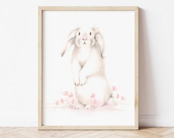 Bunny Nursery Art, Sweet Blush, Pink Nursery, Girl Nursery, Sepia, Animal Print, Farm Animals, Bunny Flowers, White Rabbit, Baby Bunny Gift,