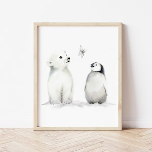 Polar Bear and Penguin Sketch Art Print: Arctic Nursery Decor