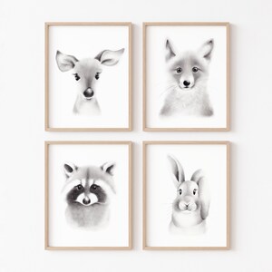 Baby Animal Face Pencil Drawings: Neutral Nursery Art Prints, Set of 4