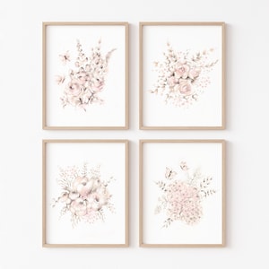 Flower Nursery Art Prints, Floral Art Sketch, Baby Girl Wall Decor, Blush Pink Butterfly Art, Set of 4 Flower Prints, Flower Nursery Wall,