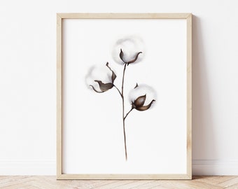 Cotton Branch Print, Cotton Branch Painting, Modern Farmhouse Wall Decor, Contemporary Floral Art, Cotton Anniversary Gift for Her,