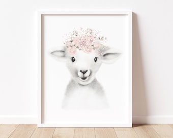 Lamb Flower Crown Nursery Print, Baby Animal Lamb Flowers, Farmhouse Animal Baby Print, Lamb Sketch Portrait, Pink Floral Art, Farmyard Art,